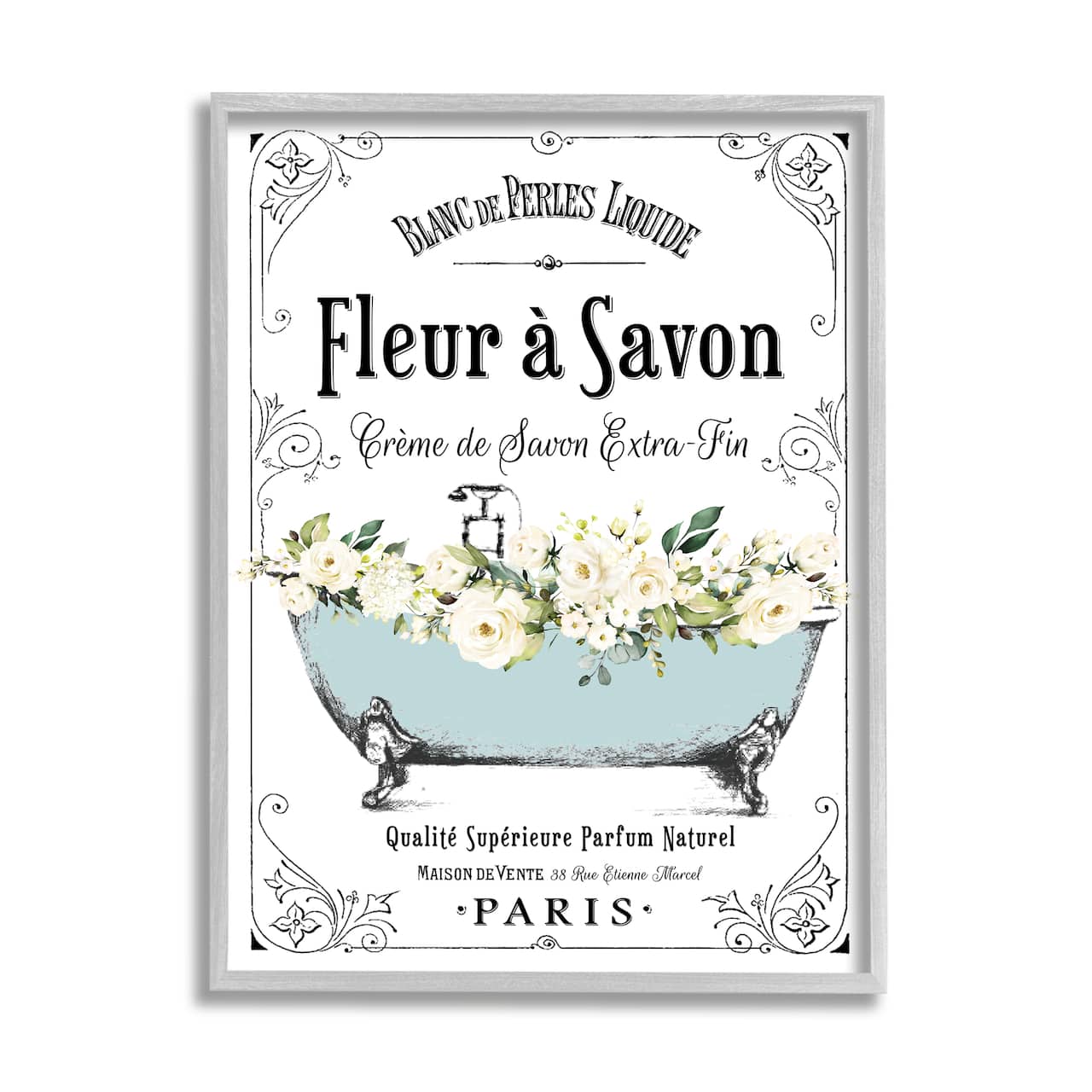 Stupell Industries Vintage Parisian Bathroom Advertisement Floral Blue Tub Framed Wall Art